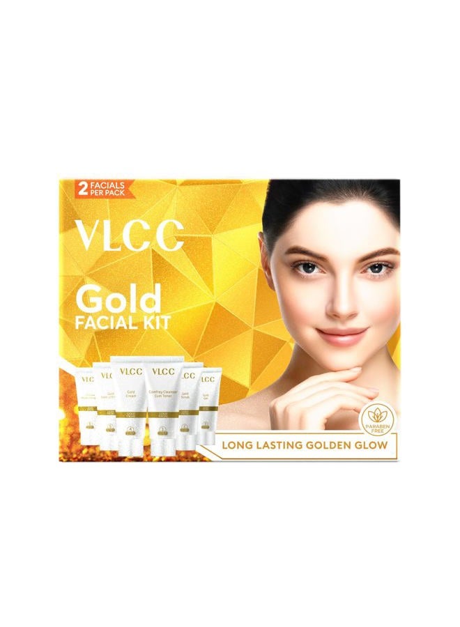 VLCC Gold Facial Kit for Bright & Glowing Skin 60g | 6-Step Facial Kit with Gold Infused Products | Cleanser, Scrub, Gel, Cream, Peel-Off Mask, & Moisturizing Gel | Instant Glow & Hydration. - Image 1